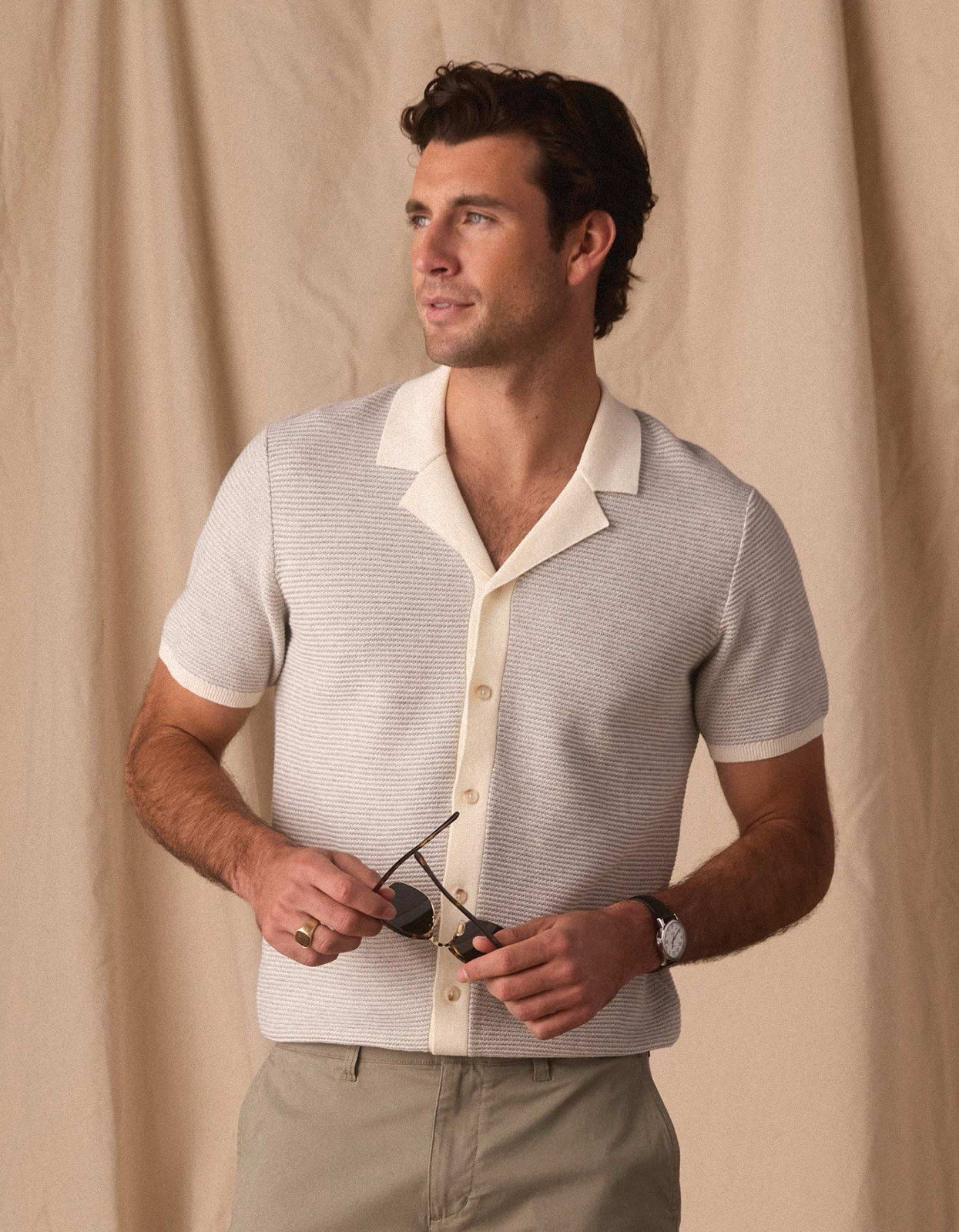 Normal Brand Robles Birdseye Knit Camp Button Up Size Large $129 MSRP Cream