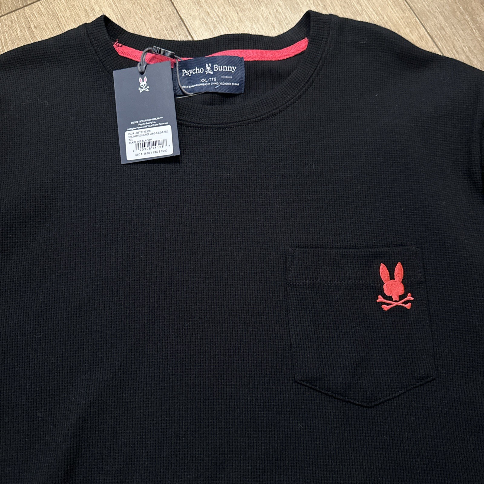 NWT Psycho Bunny Vail Long Sleeve Waffle Lounge Pocket Shirt Men’s 2XL BLK
