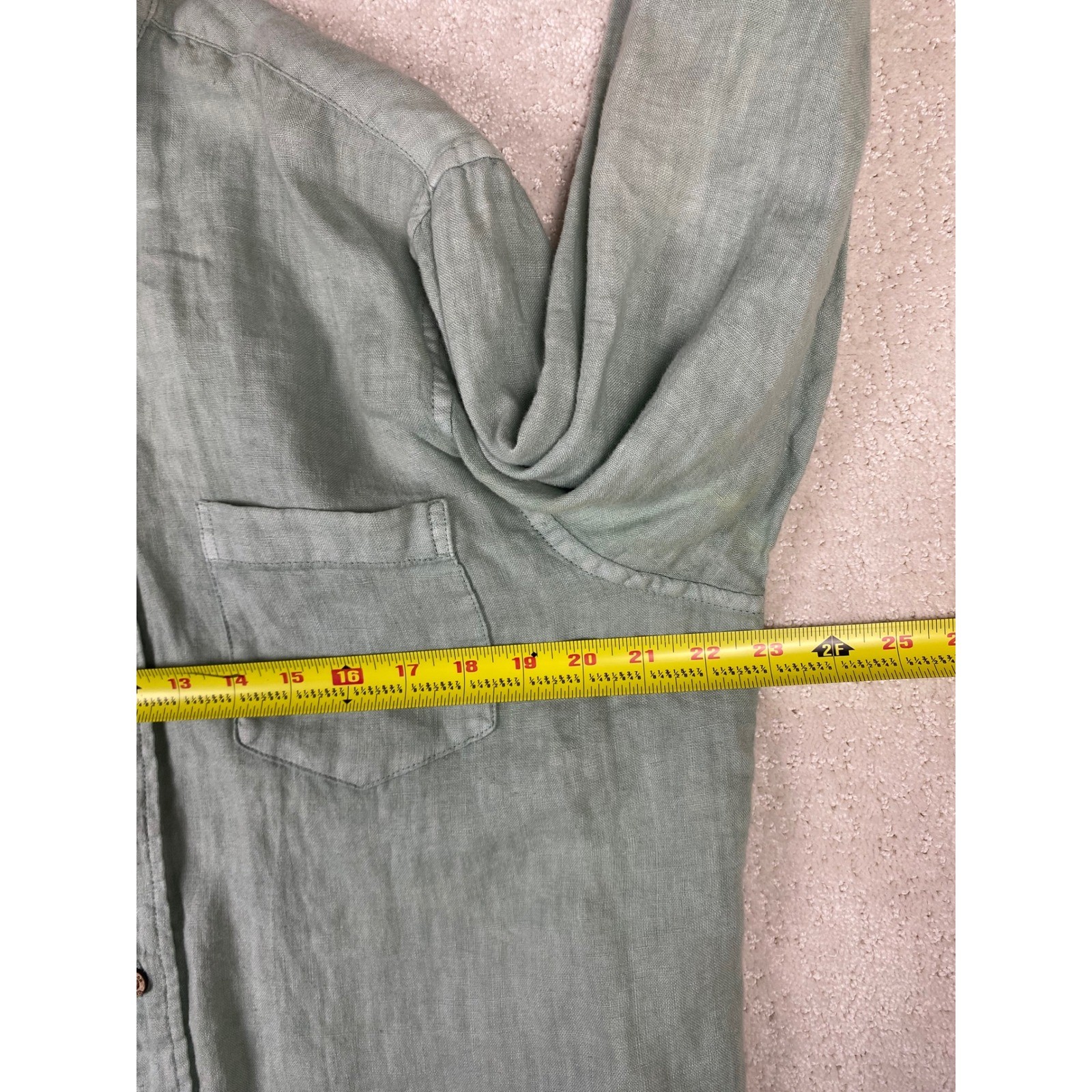 Tailor Vintage Linen Shirt Mens L Sage Green Long Sleeve Button Down Spots Noted