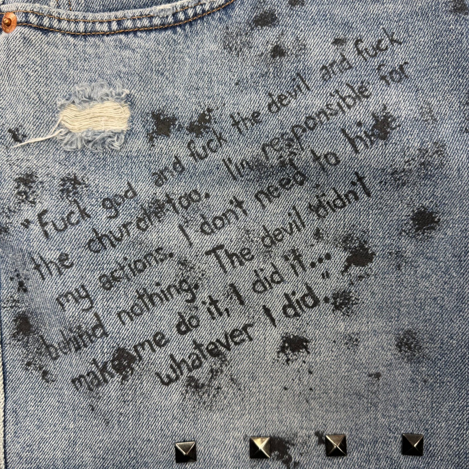 Levis Custom Studded Punk Denim Mini Skirt Metal Babe Grunge Graphic 38″ Atheist