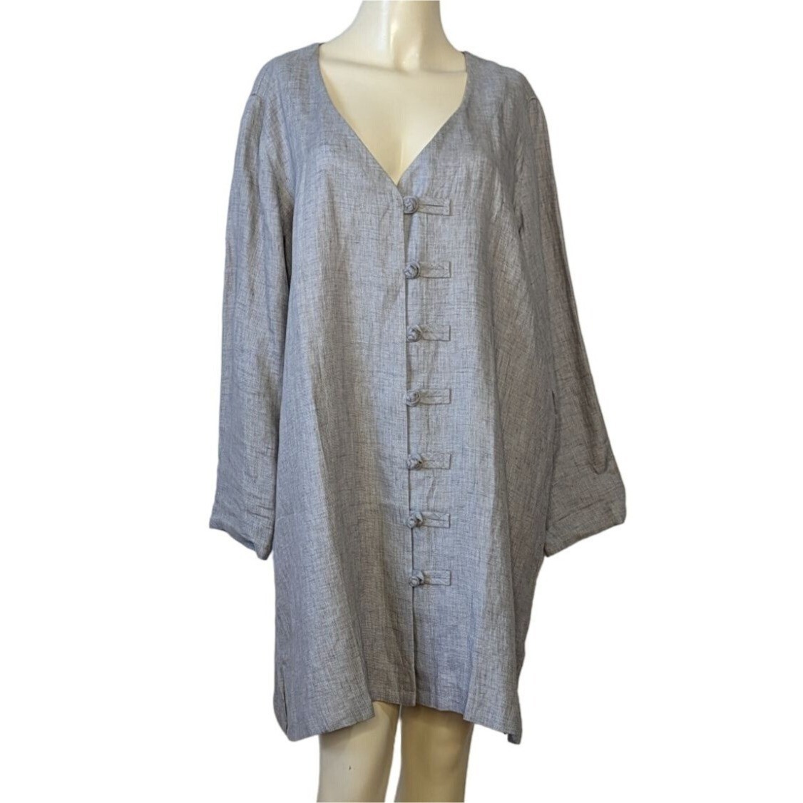 VIVID Natural long sleeve minimalist design button front gray Linen mini dress L