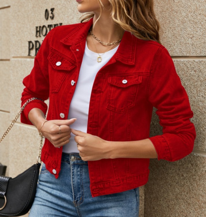 Women Casual Denim Jacket Lapel Pocket Single Breasted Long Sleeve Loose Outerwe