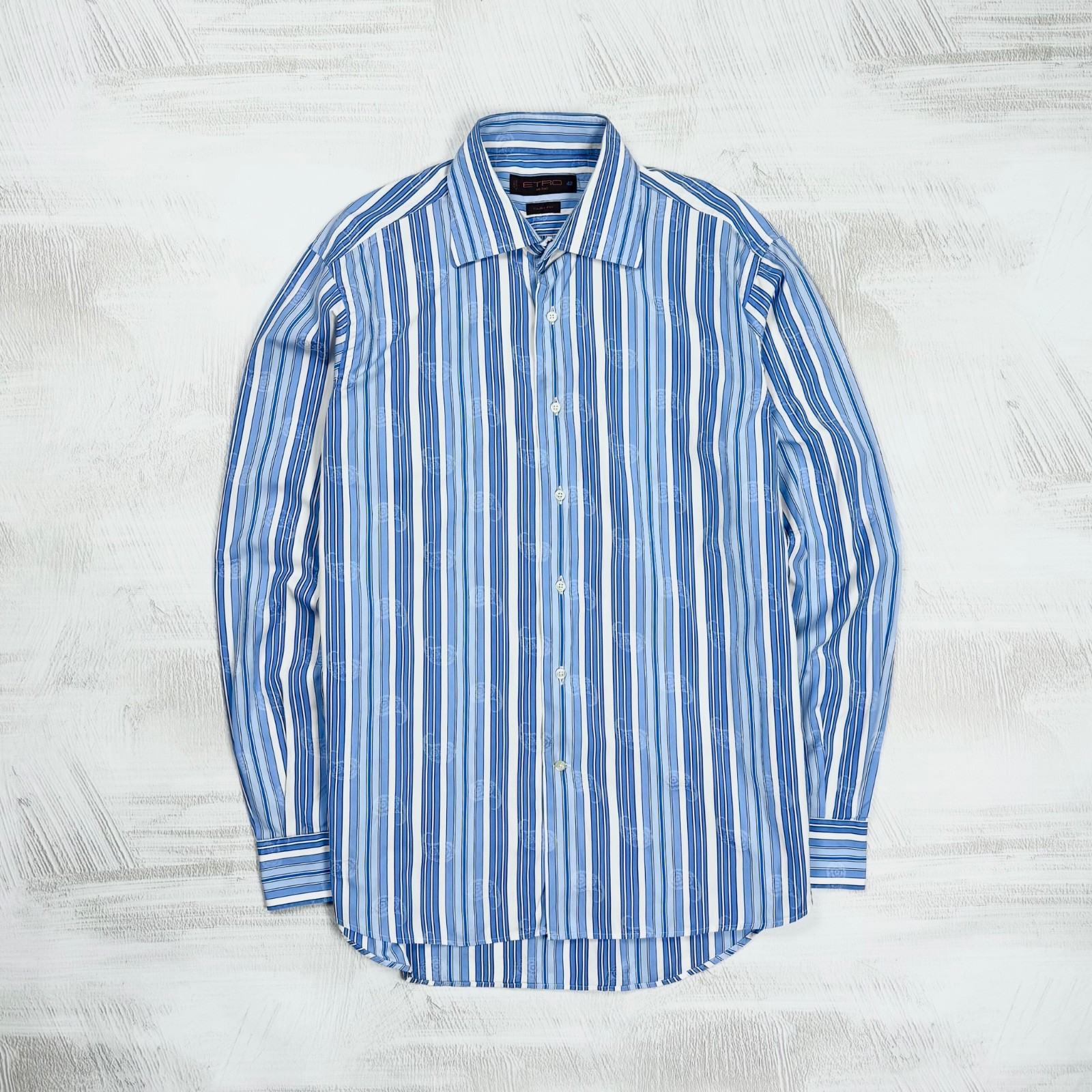ETRO Milano Men’s Slim Fit Striped Paisley White Blue Cotton Dress Shirt 42