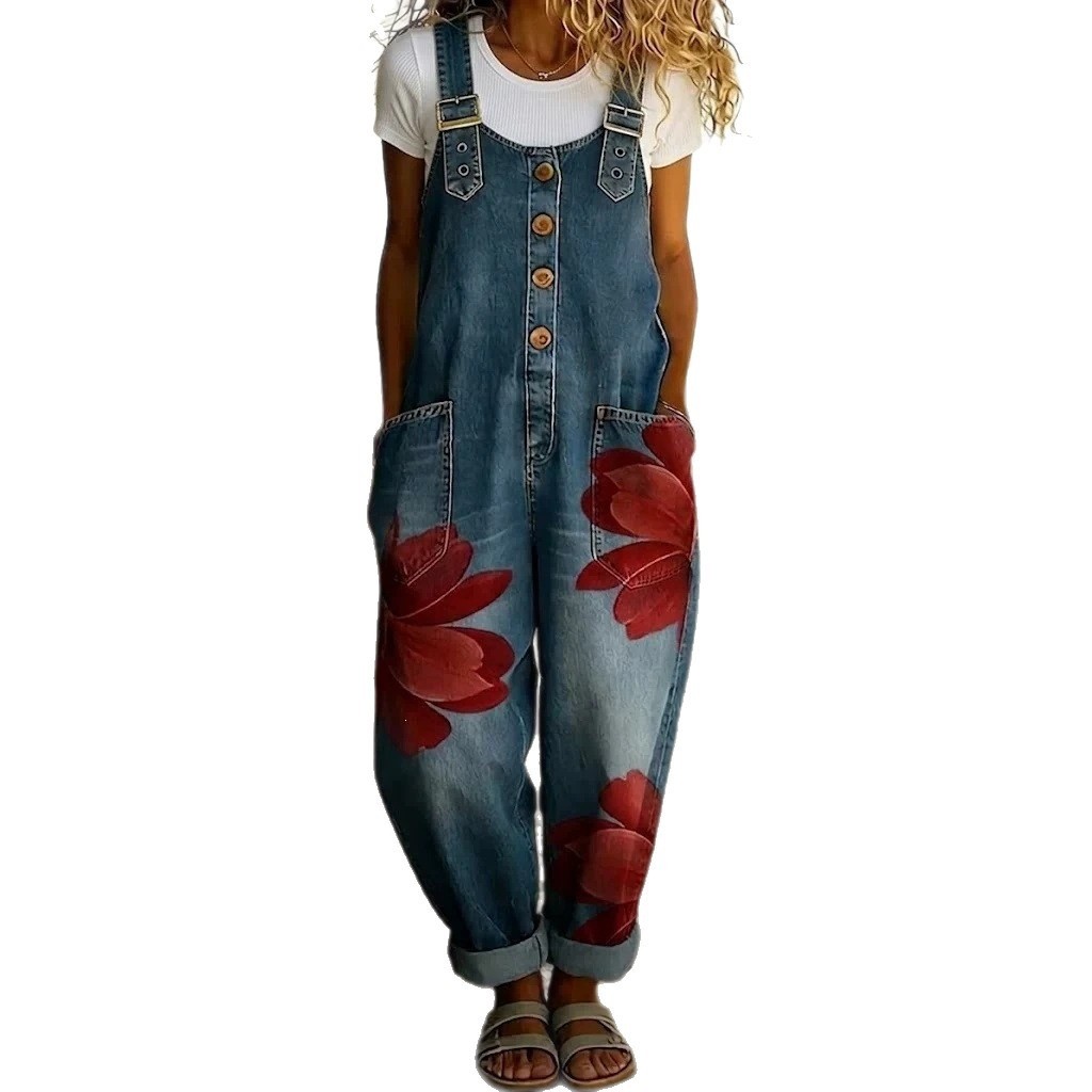 NEW Womens Denim-Style Jumpsuit With Floral Print