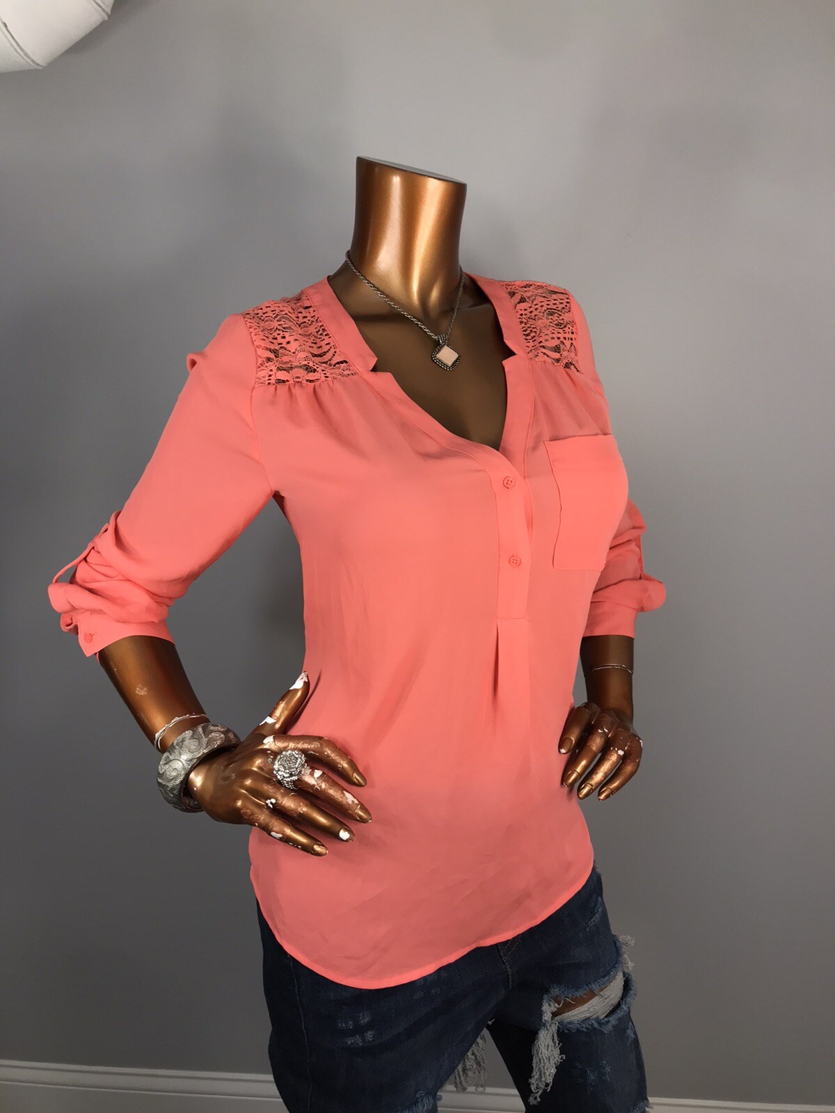 Candie’s L Top Lace Mesh Yoke NWT $38 Coral 1/2 Button Up Shirt Blouse Low V Cut