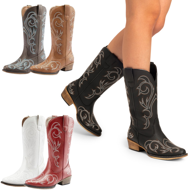 Women Pull On Western Mid Calf Boots Square Toe Cowboy Cowgirl Boots