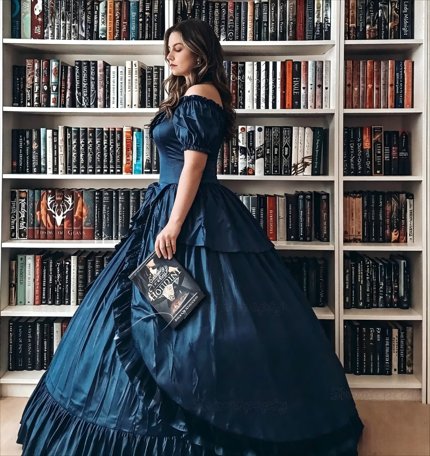 Navy Blue Off-Shoulder Satin Ball Gown Victorian Princess Renaissance Dress
