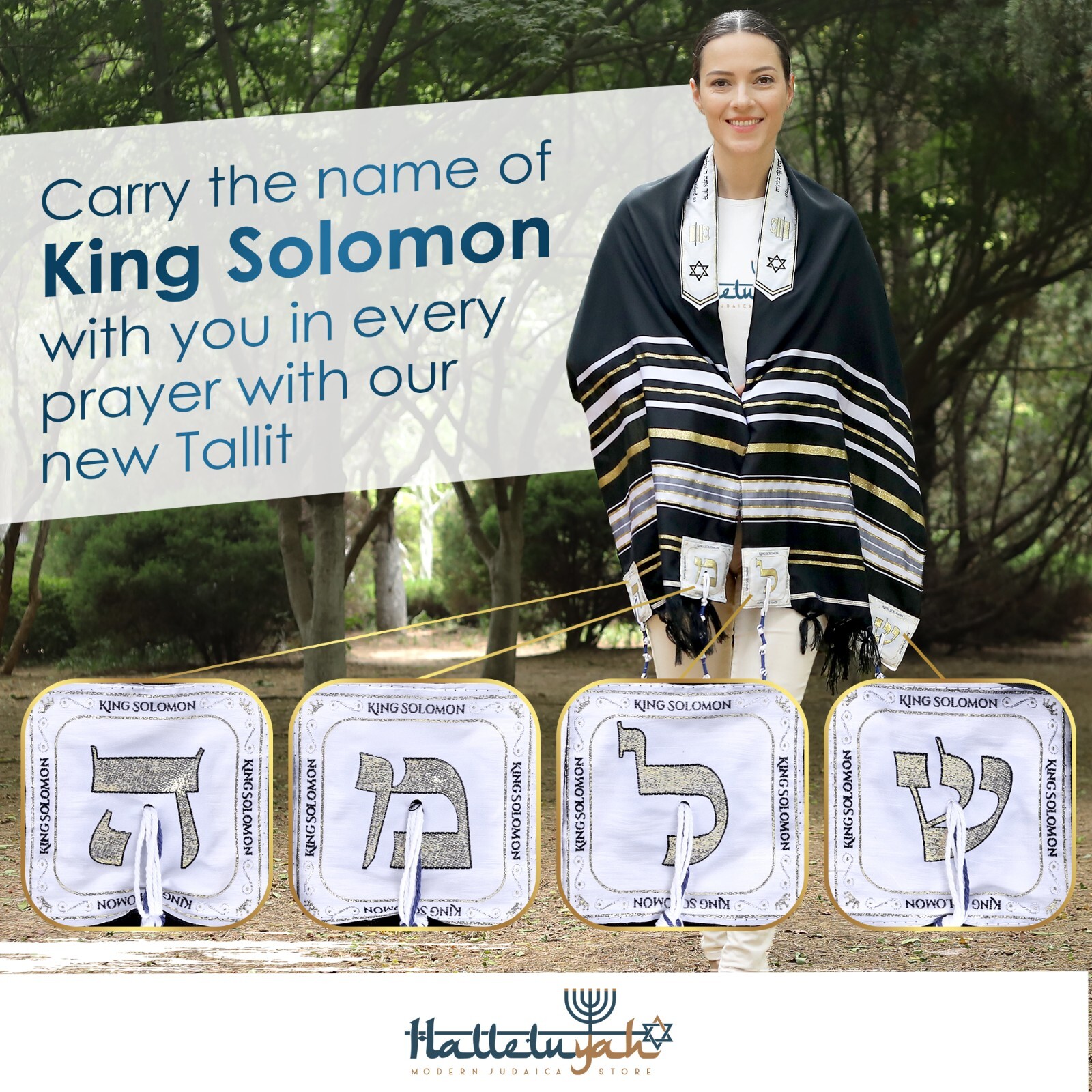 HalleluYAH King Solomon Tallit Prayer Shawl 72″x 22″ with Bag | Design (4 Color)