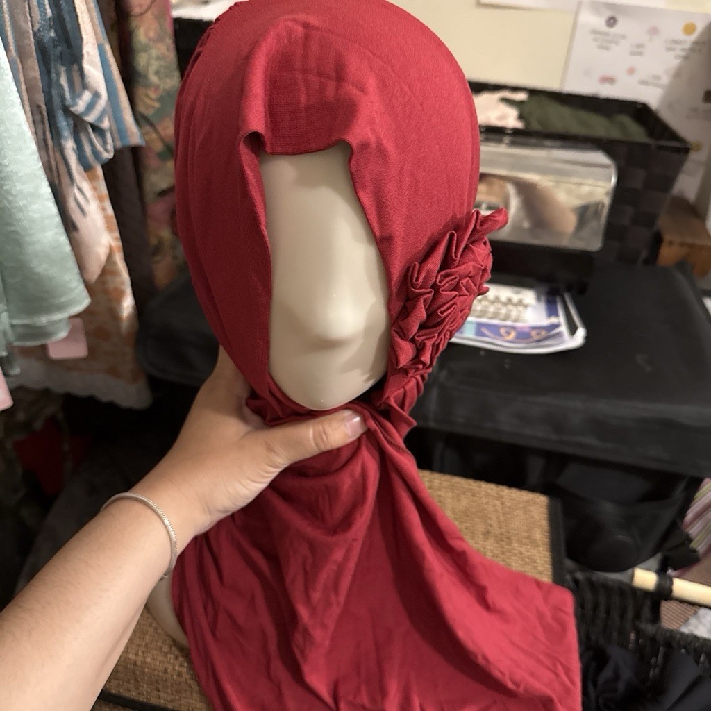 Women’s Red Solid Jersey Polyester Hijab Headscarf Wrap with Ruffle Accent