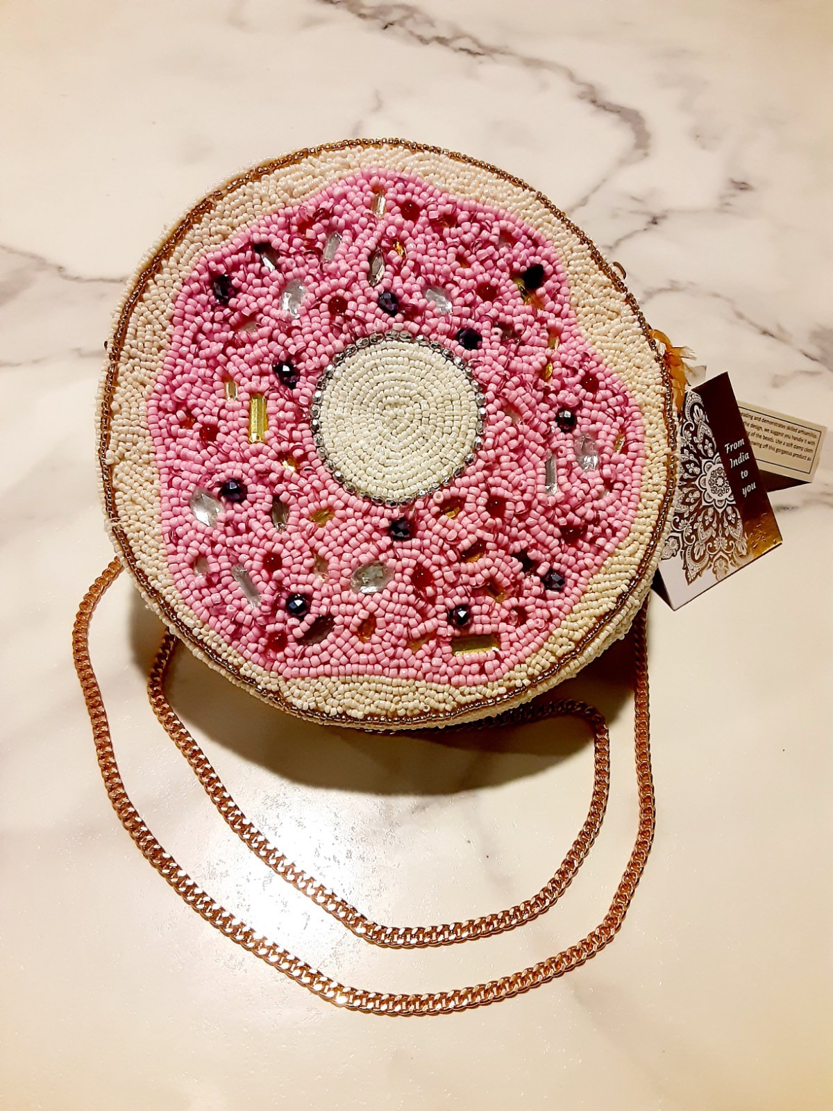 VIRAL Pink Donut Beaded Crossbody Bag Made in India Beaded Purse Gold Chain