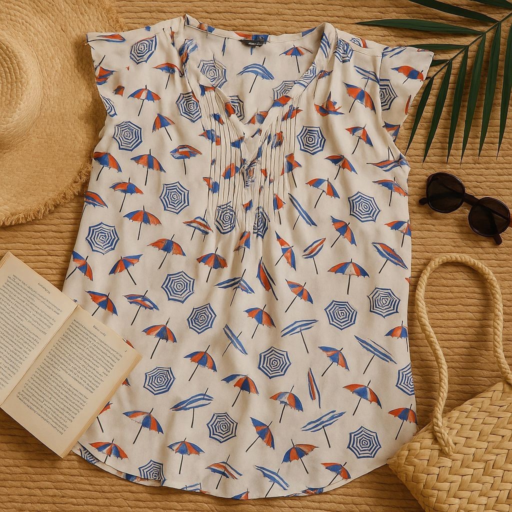 Talbots Petite PS Umbrella Print Blouse Cap Sleeve Nautical Beach Top Small