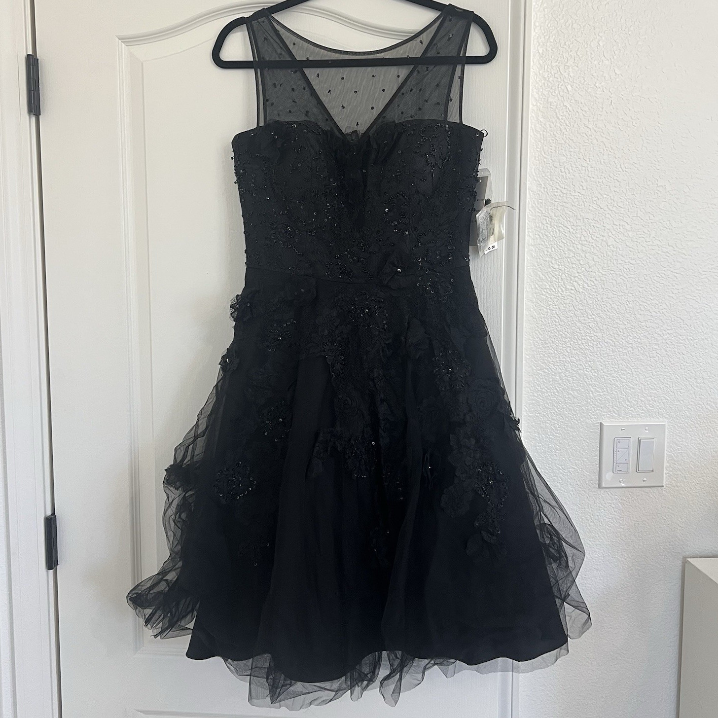 Teri Jon Black Beaded Tulle Fit & Flare Sweetheart Cocktail Dress Sz 8