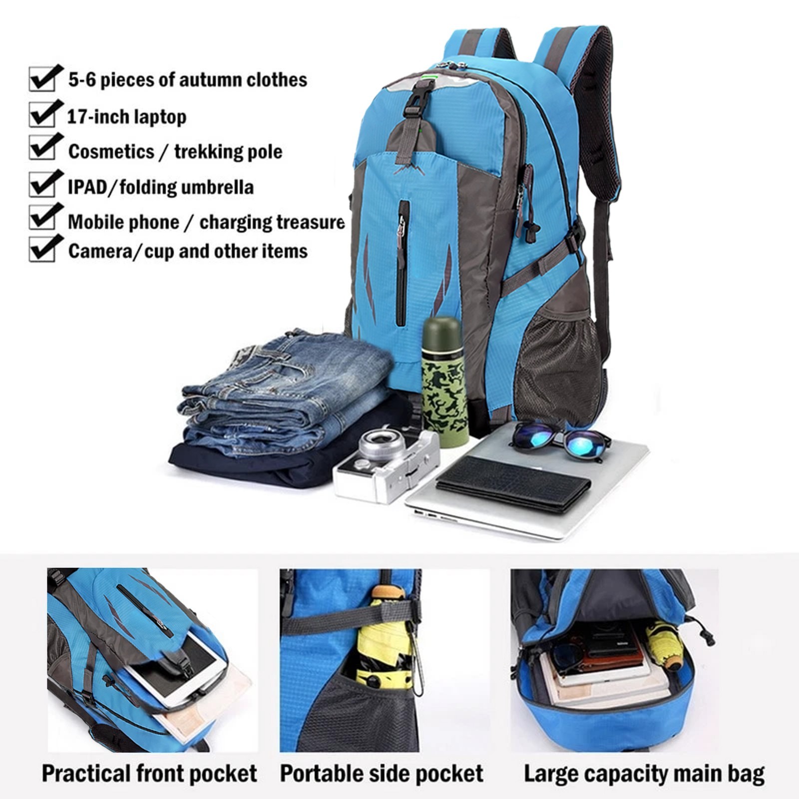 Men Women School Book Bag Rucsack Camping Hiking Backpack 40L Large Bag USA