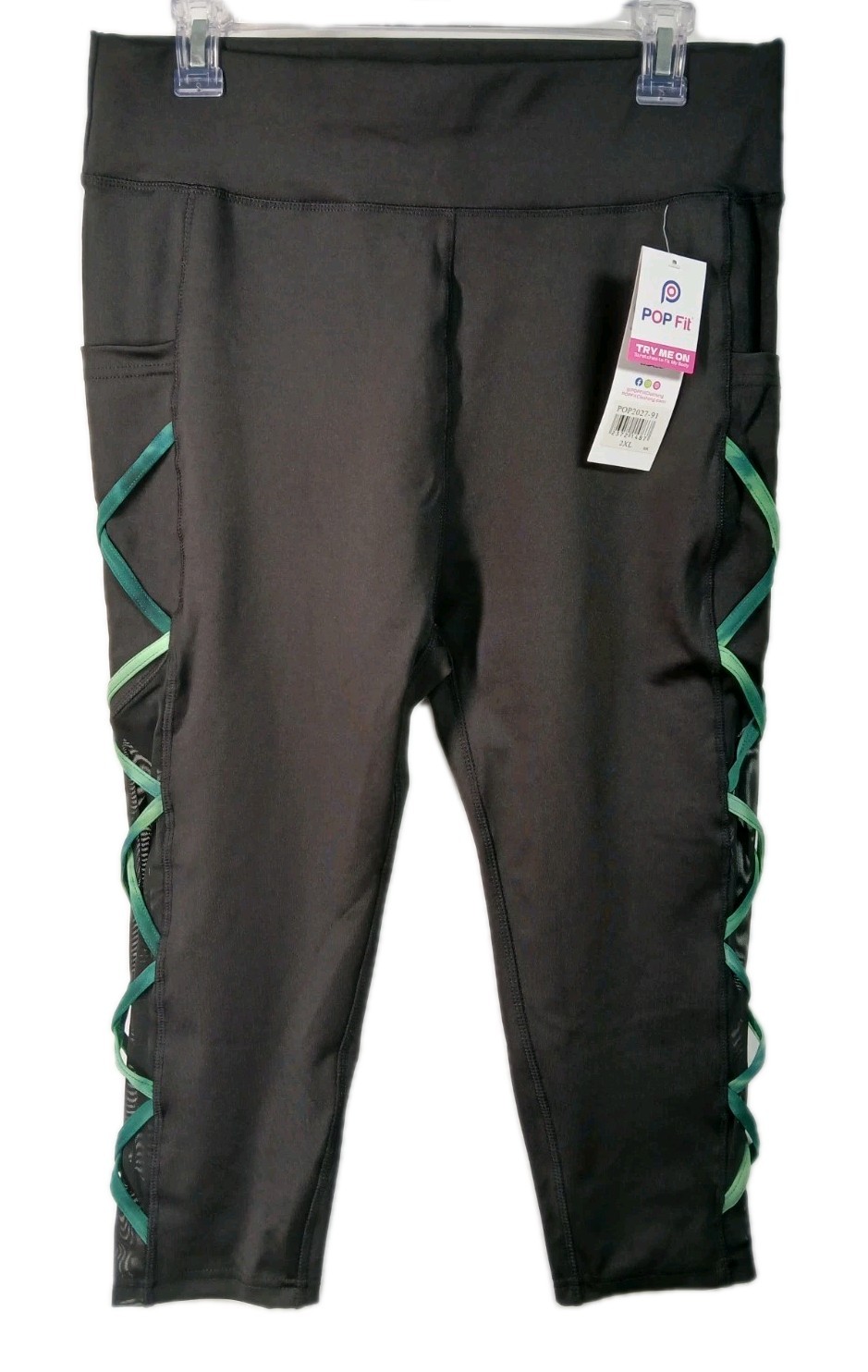 Pop Fit Womens Black Size 2XL High Rise Capri Leggings With Pockets POP2027-91