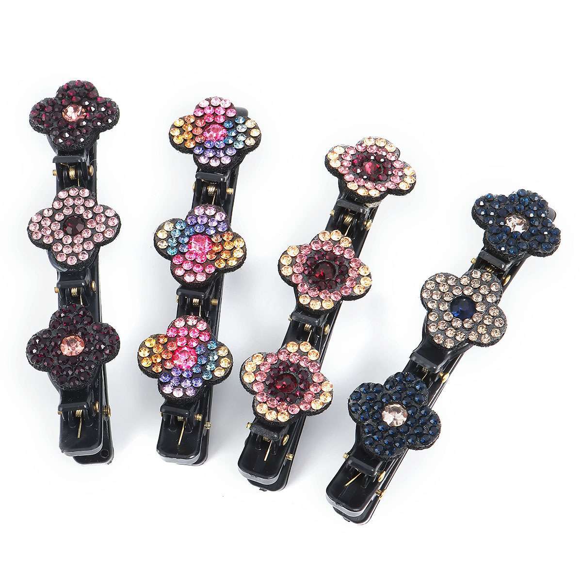 4PCS Sparkling Crystal Stone Double Bangs Satin Fabric Braided Hair Clips Bands