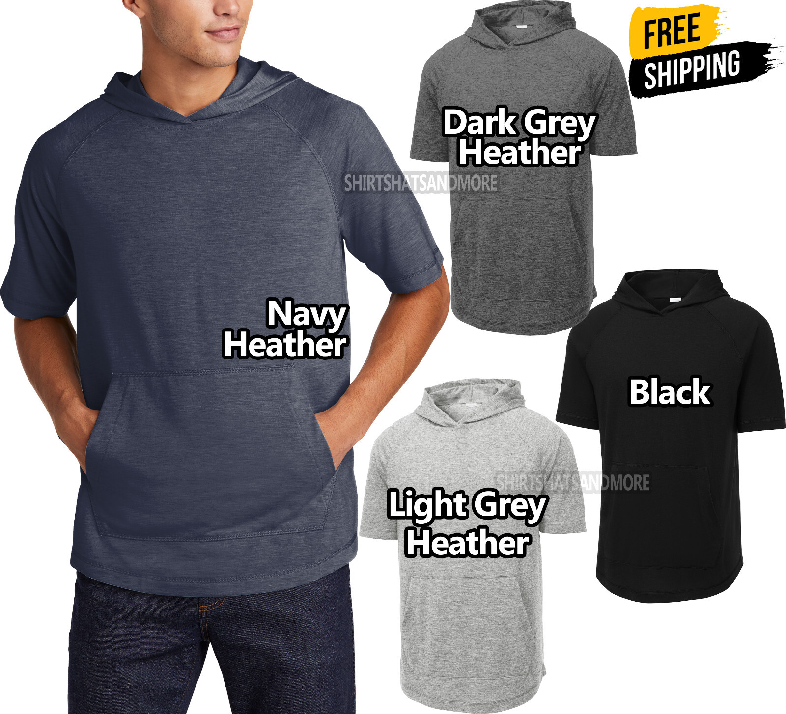Mens Heatherd Hoodie Soft Short Sleeve Pullover Moisture Wicking Tee XS-4XL NEW!