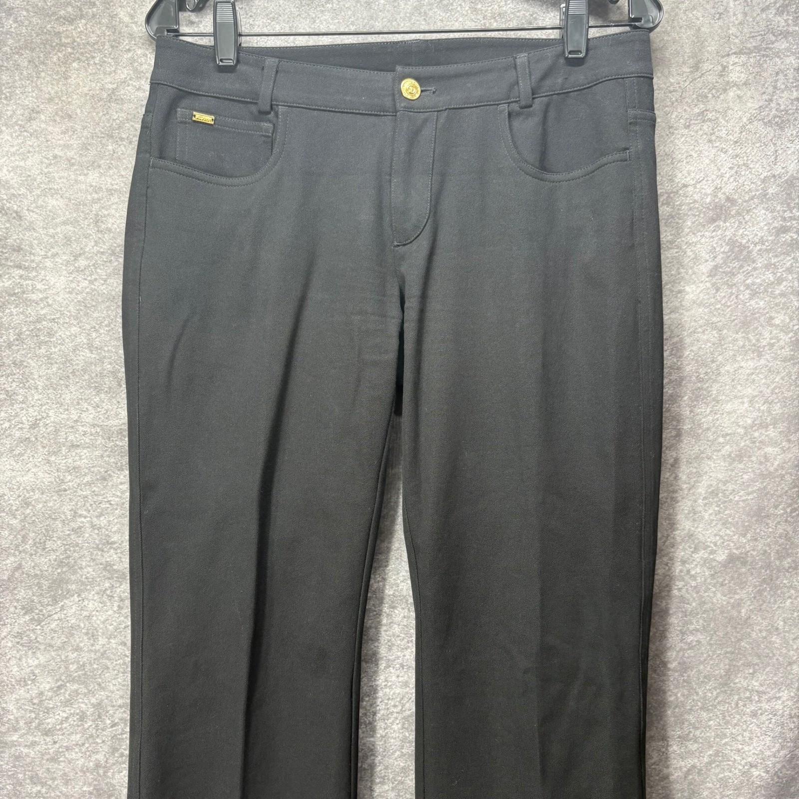 St John Black Bootcut Knit Pants Size 6 Gold Studded Back Pocket Glam Old Money
