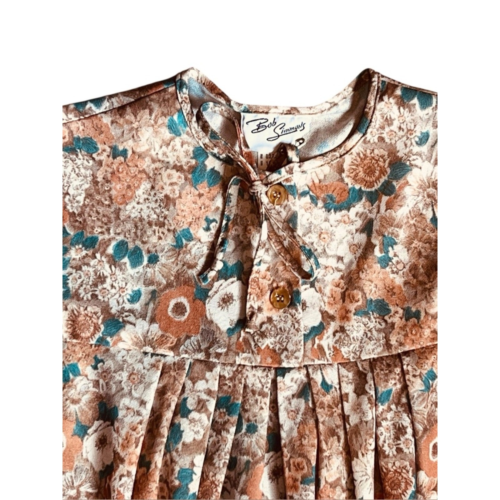 Vintage 70s Bob Simmons Women’s Sz S Tan Floral Ruffle Dress Midi Long Sleeves