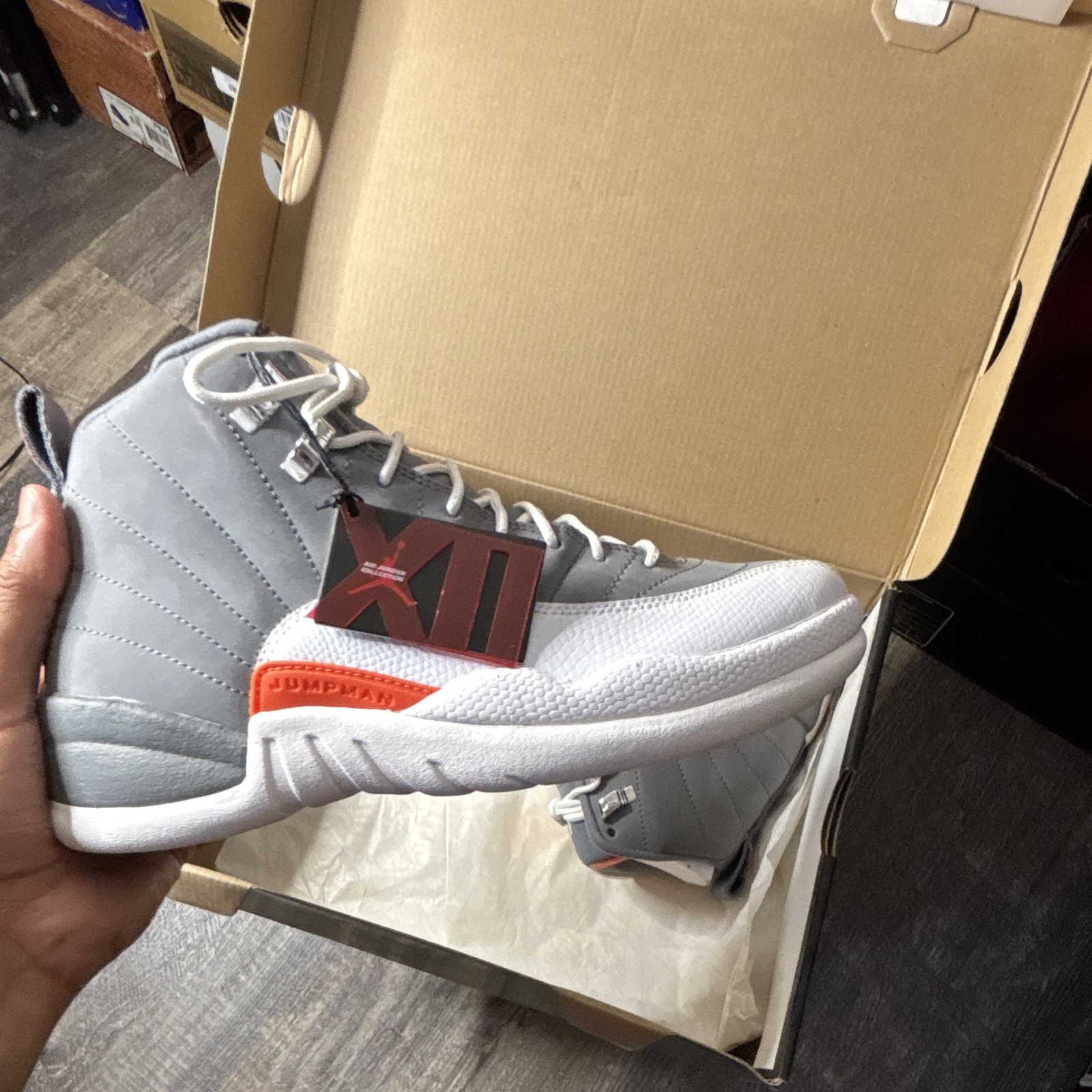 Jordan Air Jordan 12 Retro GS Cool Grey/White/Orange Leather High Top 7.5Y