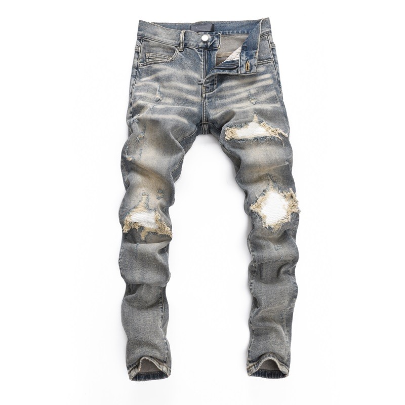 Men’s Ripped Elastic Slim fit Jeans, Retro Classic High Quality Gray Blue Pants