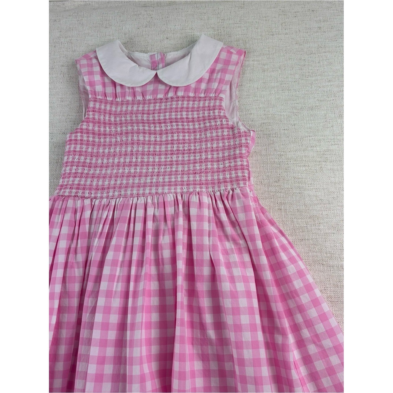 Janie and Jack girls 7 Pink Gingham Sleeveless Smocked Dress Peter Pan Collar