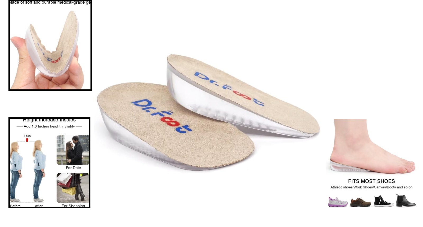 Dr.Foot Height Increase Insoles – Discreet Gel Heel Lift Inserts (1″ Height)