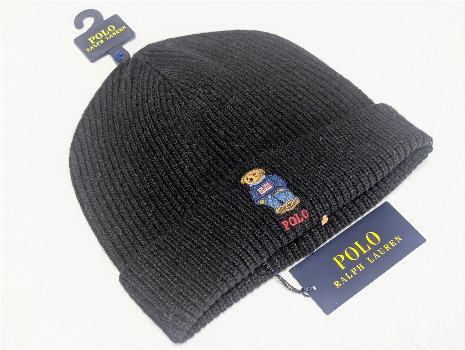 NWT Polo Ralph Lauren Flag Bear Beanie Black Ribbed Wool Blend Hat PC1565