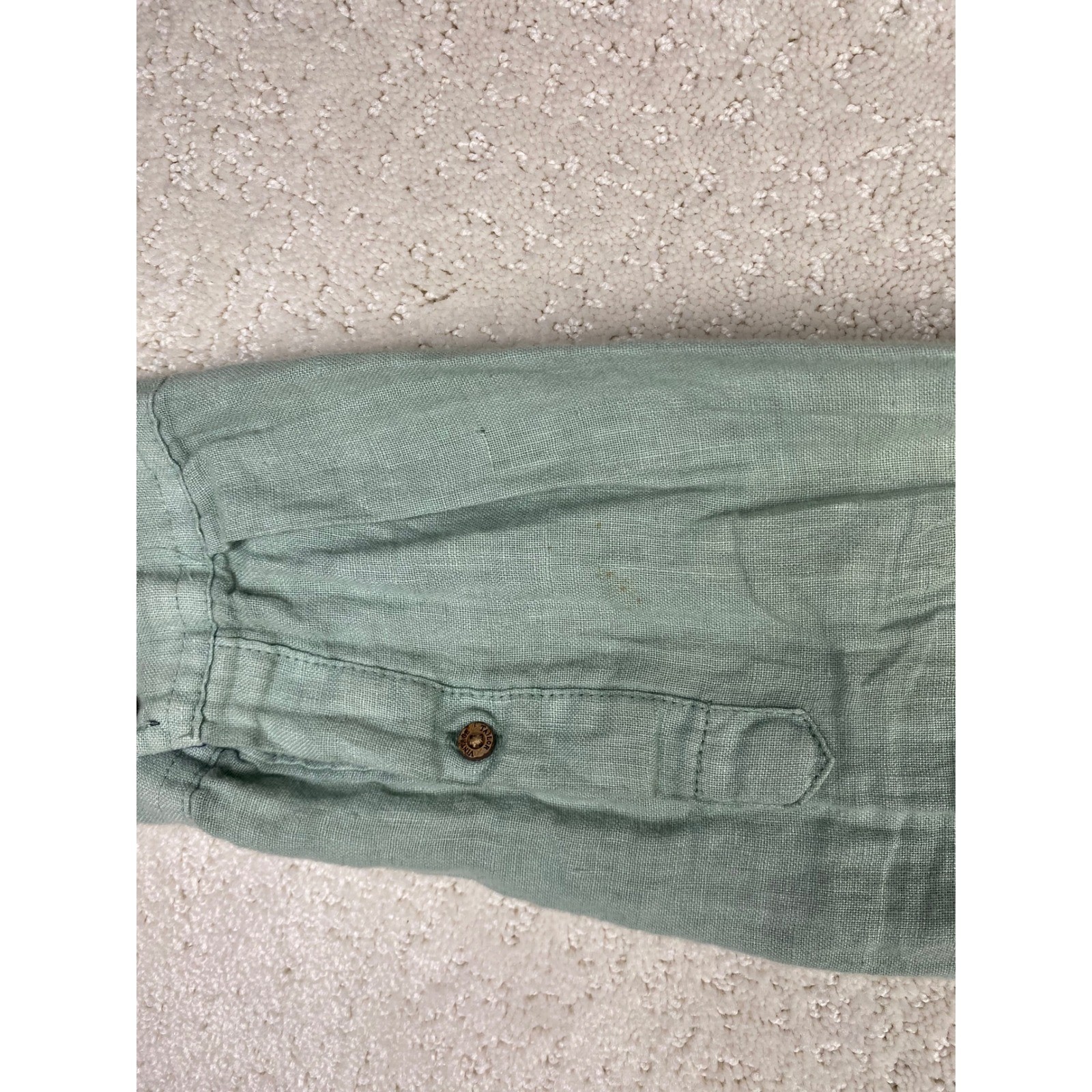 Tailor Vintage Linen Shirt Mens L Sage Green Long Sleeve Button Down Spots Noted