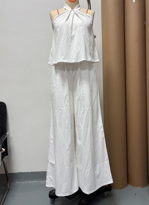 Women Sleeveless Halter Crop Top High Waist Wide Leg Pants 2 Piece Outfit Set