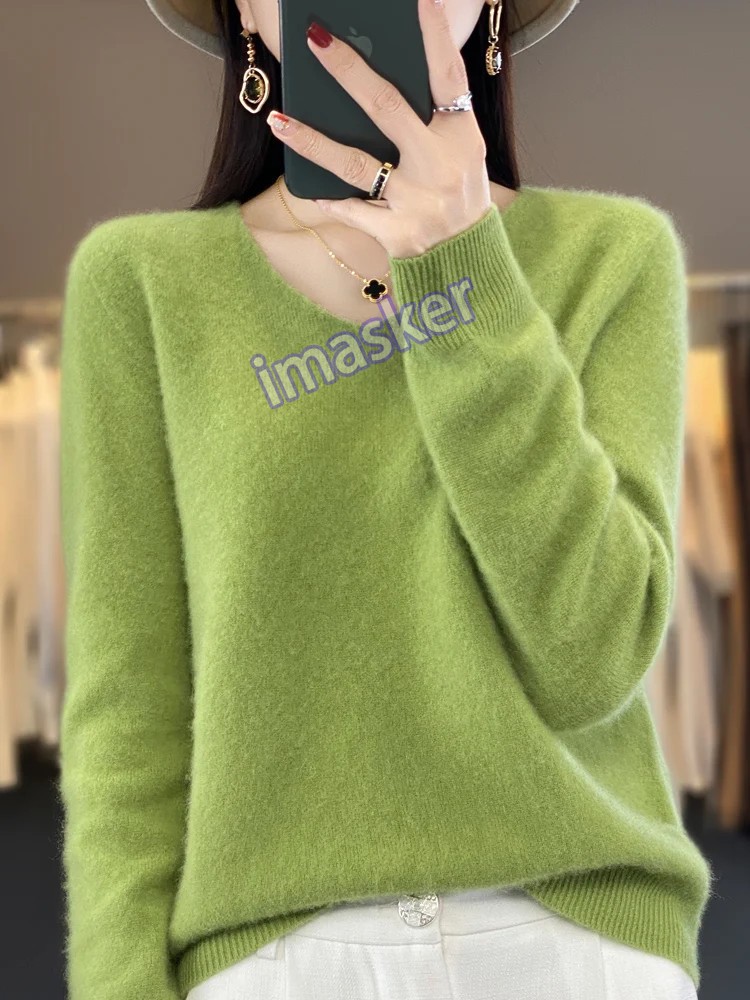 Women’s V-neck Pullover Sweater Knitwear Soft Warm Cashmere Loose Grace Style
