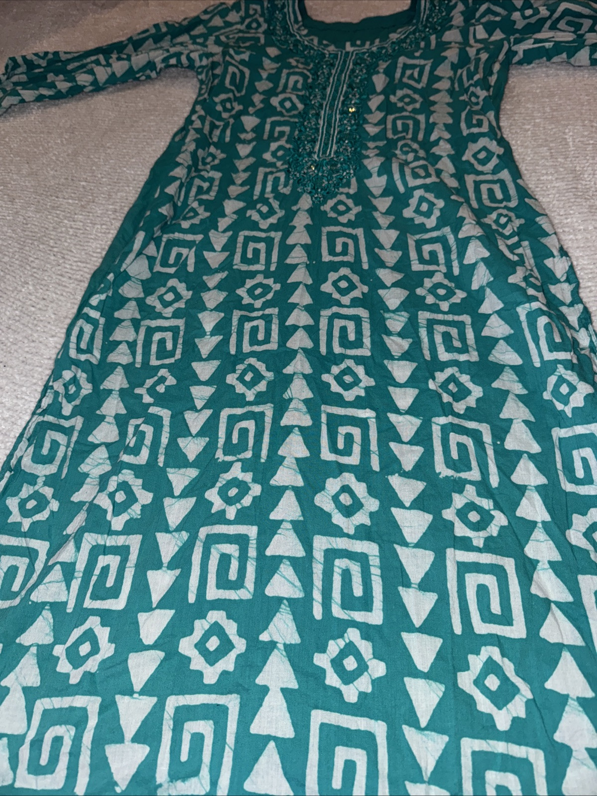 Handmade Green & White Tunic Kurta 3/4 Sleeve Flared Silhouette Pullover Dress