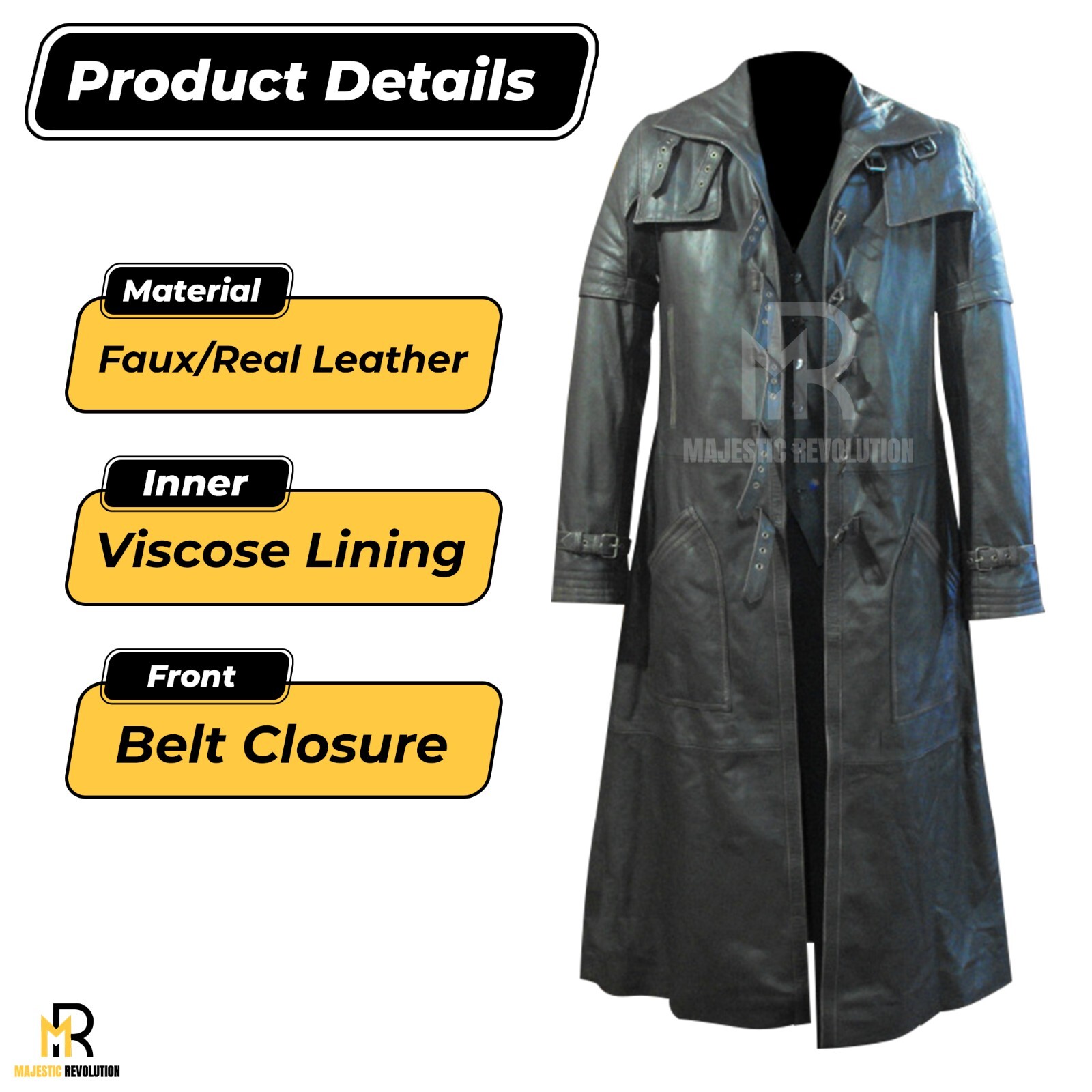 VAN HELSING Men’s Black Lambskin Long Trench Leather Full-Length Duster Coat