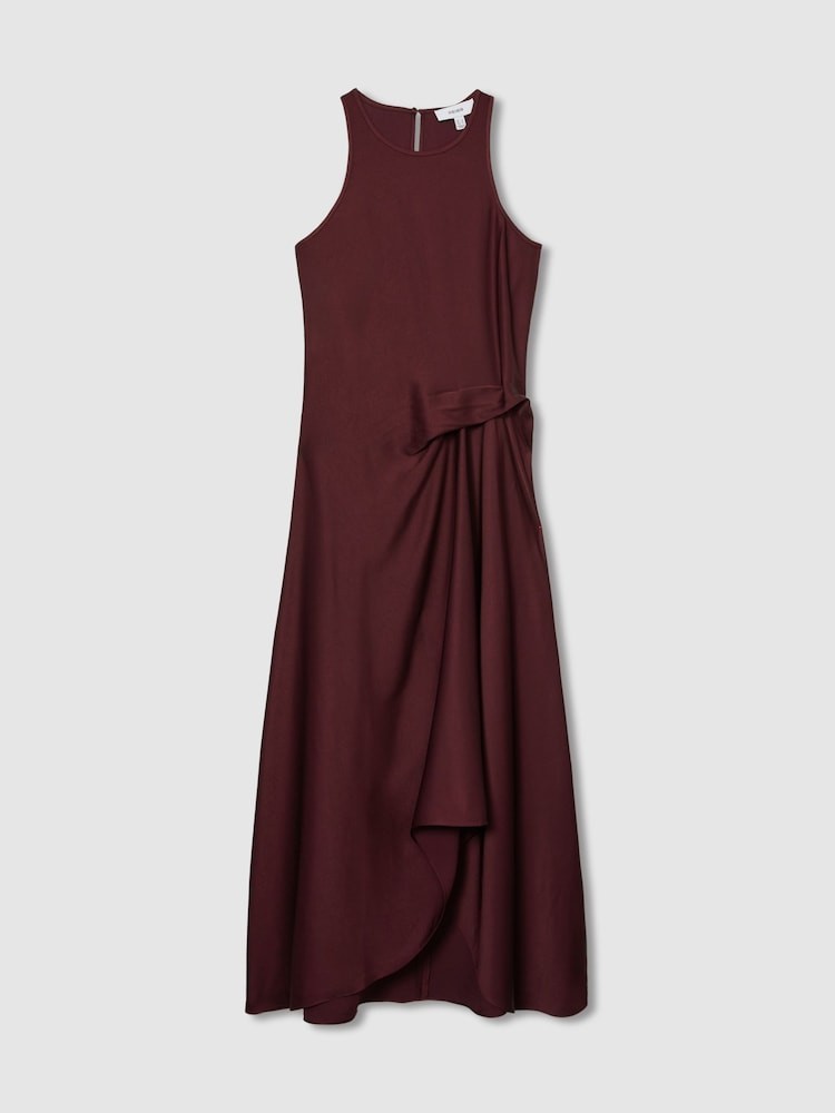 REISS Micah Burgundy Satin Drape Midi Dress in UK Size 14 Wedding Guest Occasion