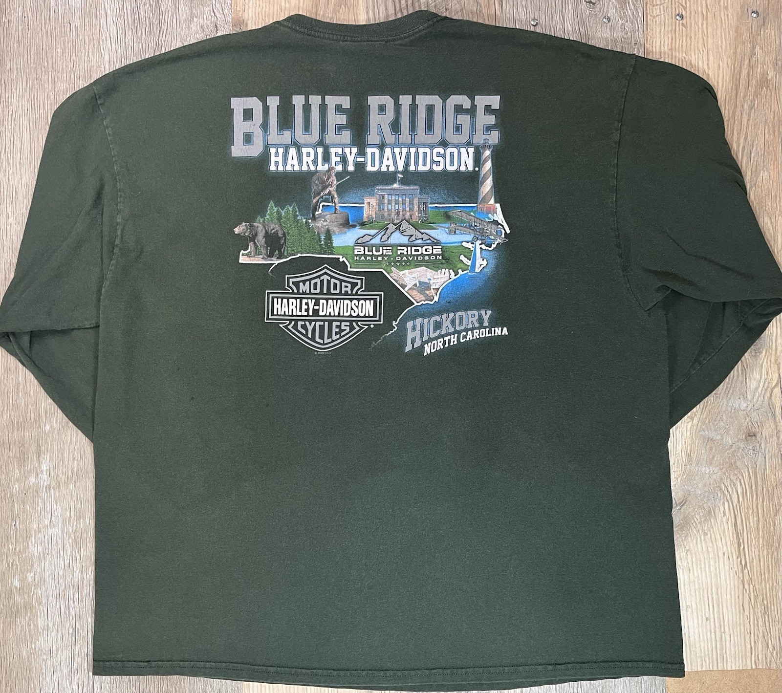 HARLEY-DAVIDSON Blue Ridge Hickory NC Green Long-Sleeve T-Shirt Men’s 2XL HOLES