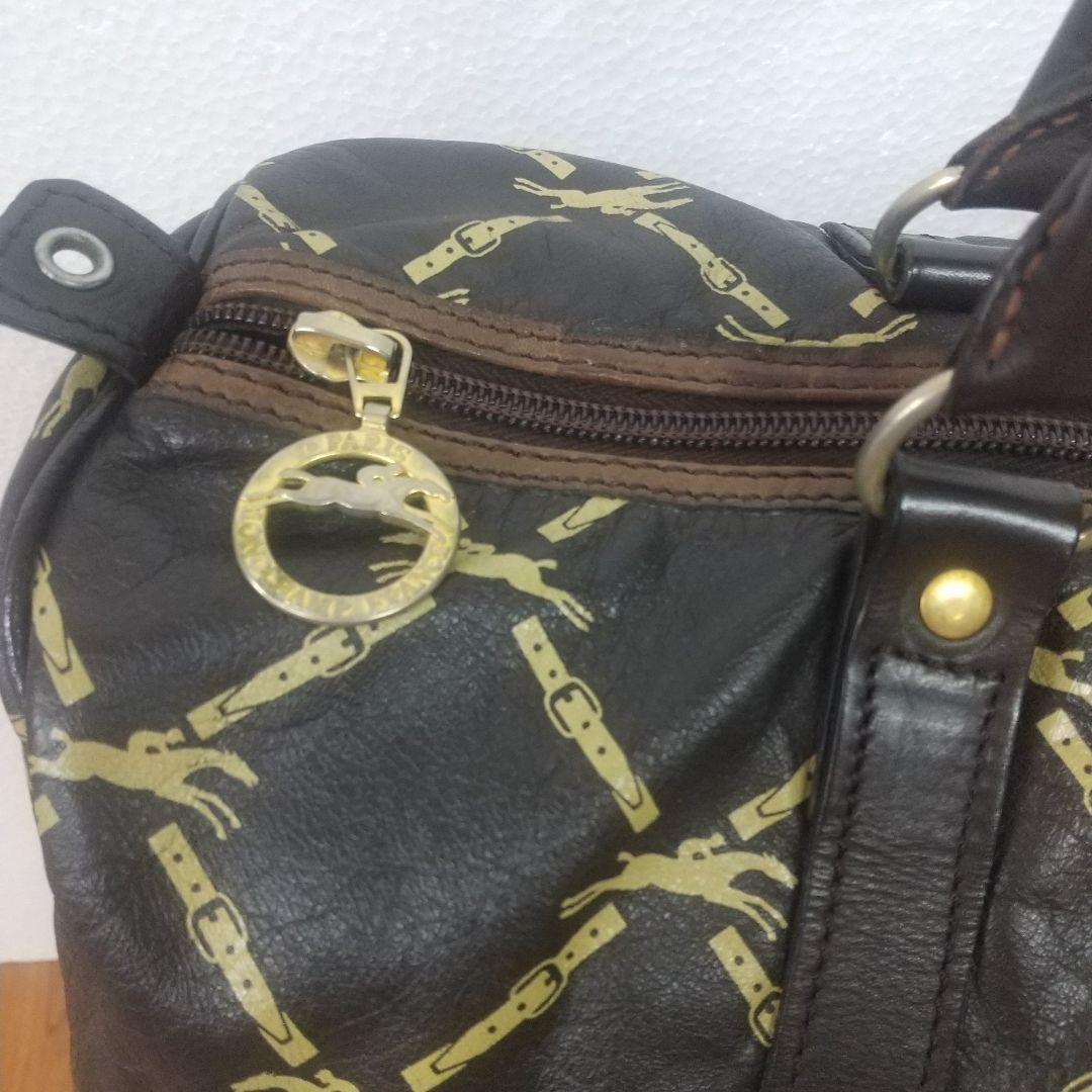 LONGCHAMP Brown Leather Equestrian Horse Belt Pattern Travel Bag Satchel