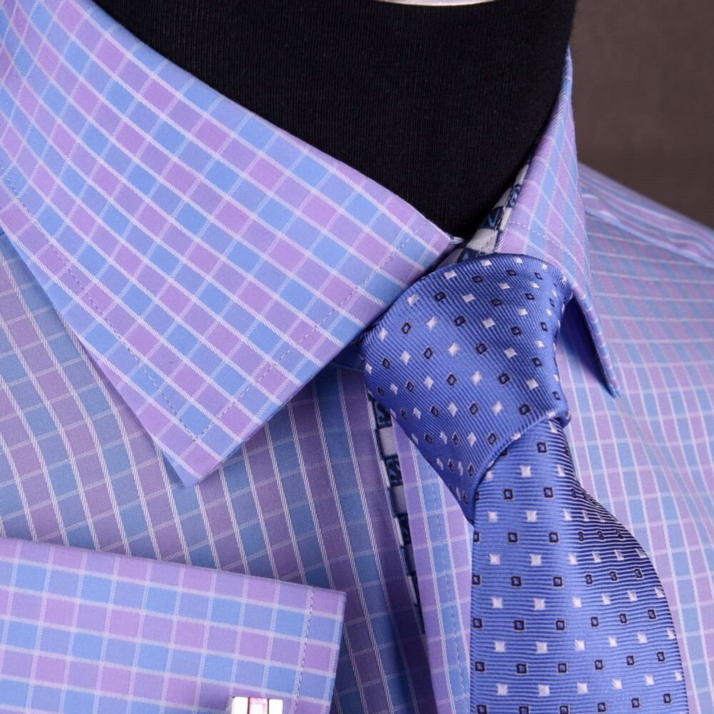 NEW Arrival Purple Blue Check WIth Blue Fleur-De-Lis Dress Shirt French Cuffs