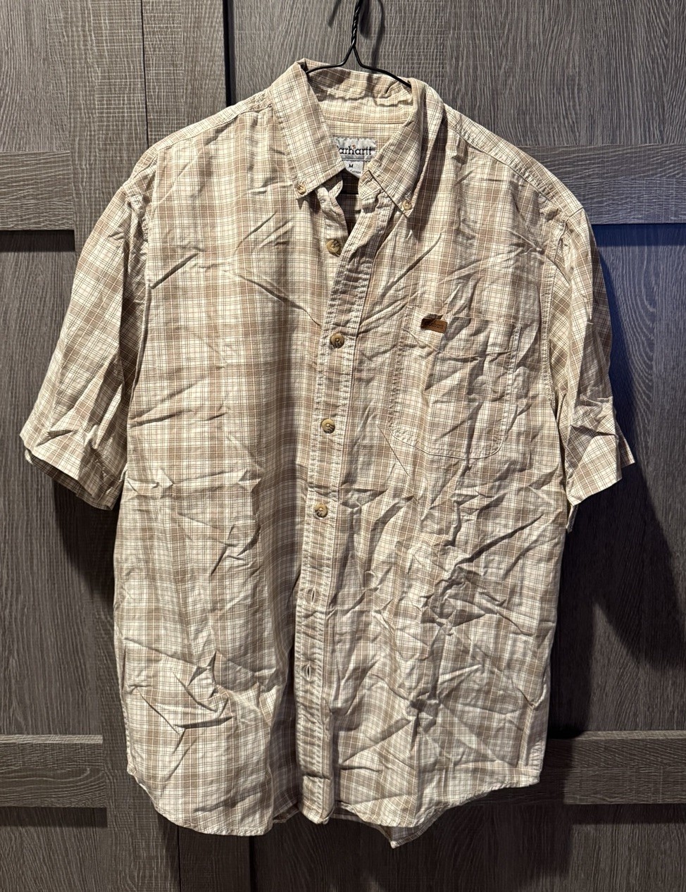 Vintage Carhartt Men’s Medium Beige White Plaid Button Short Sleeve Work Shirt