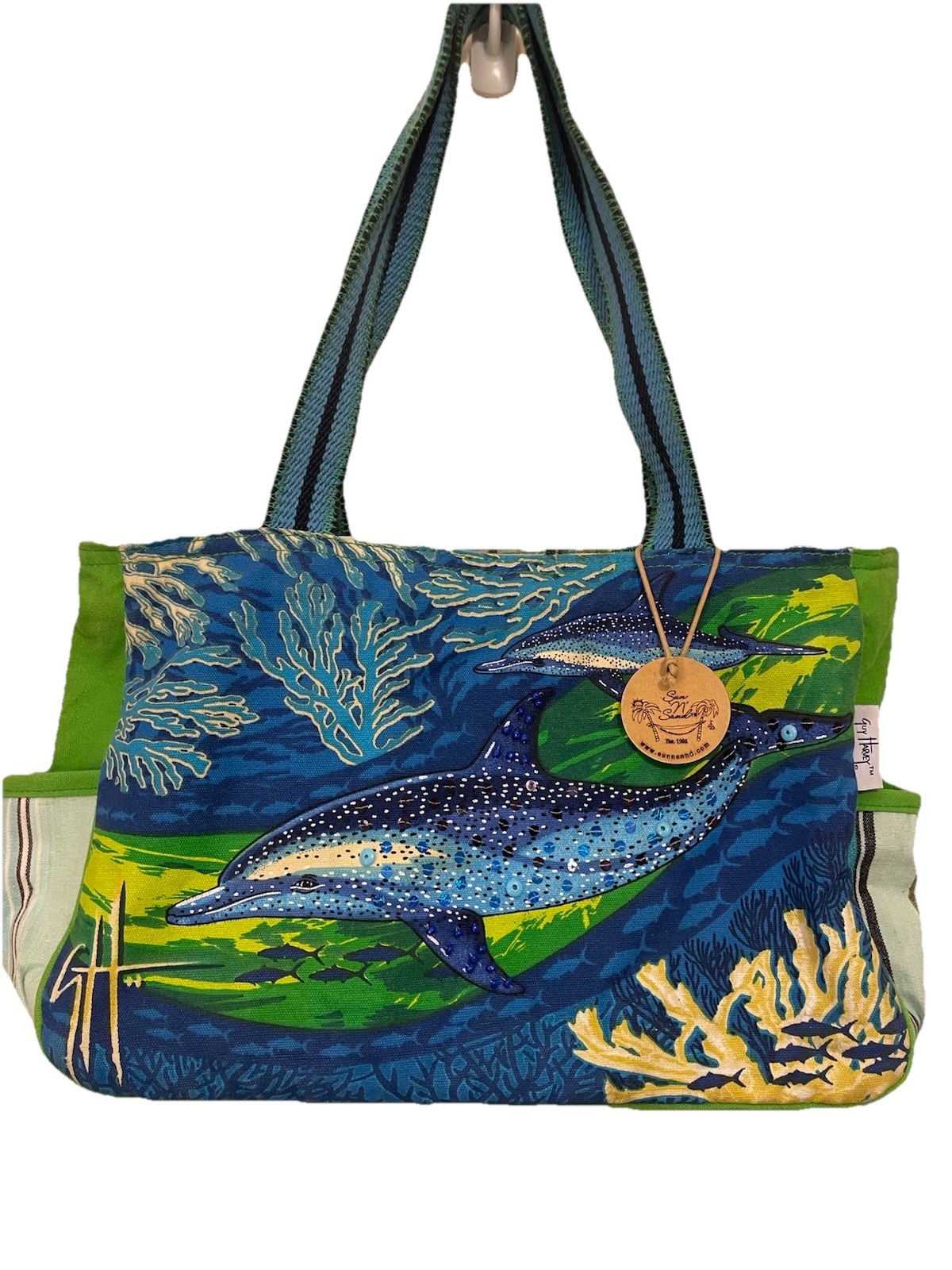 Guy Harvey Graphic Dolphin Blue Green Medium Tote Bag Vacation Resort