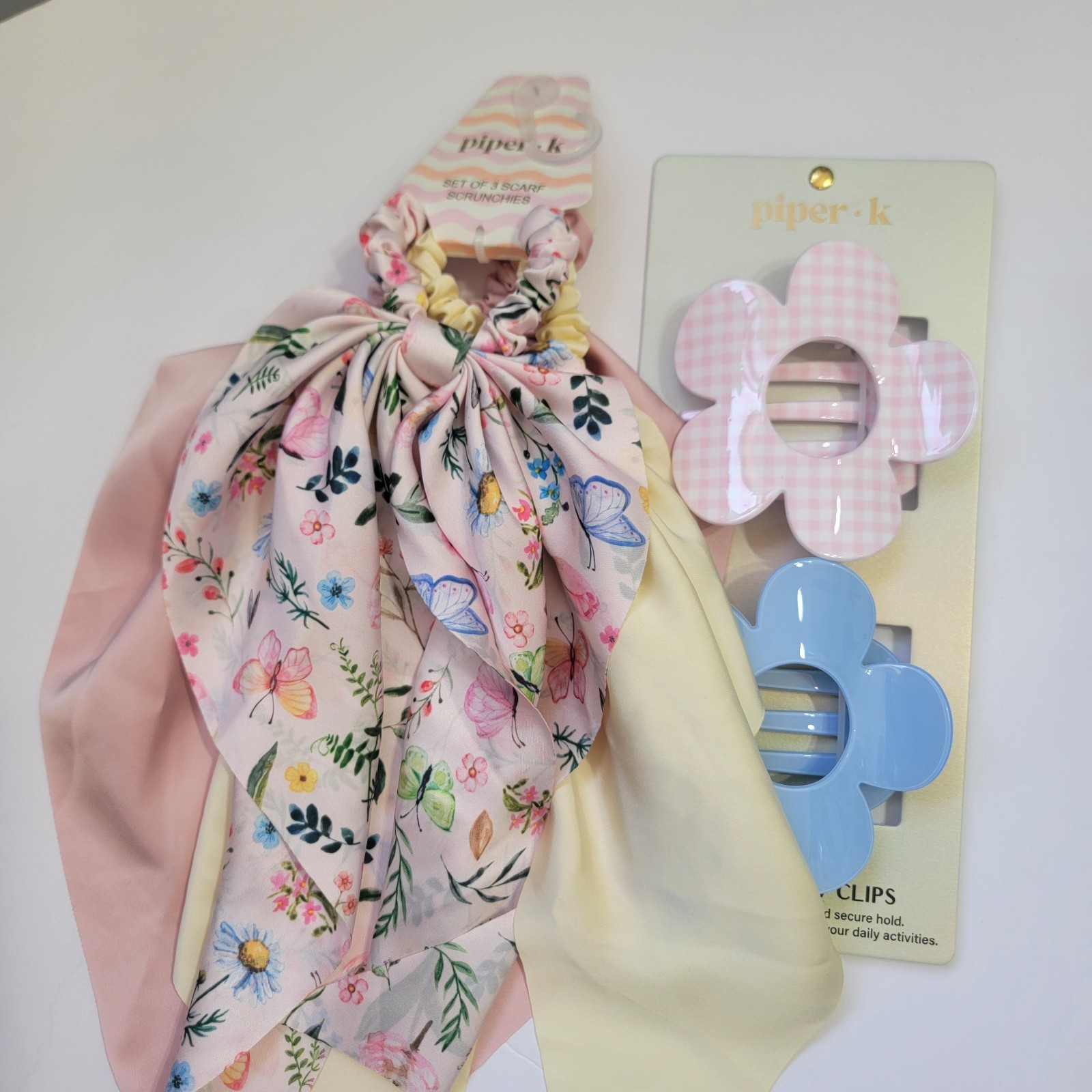Piper K Butterfly Floral Scarf Scrunchies & Gingham Flat Hair Claw Clip 5 Set