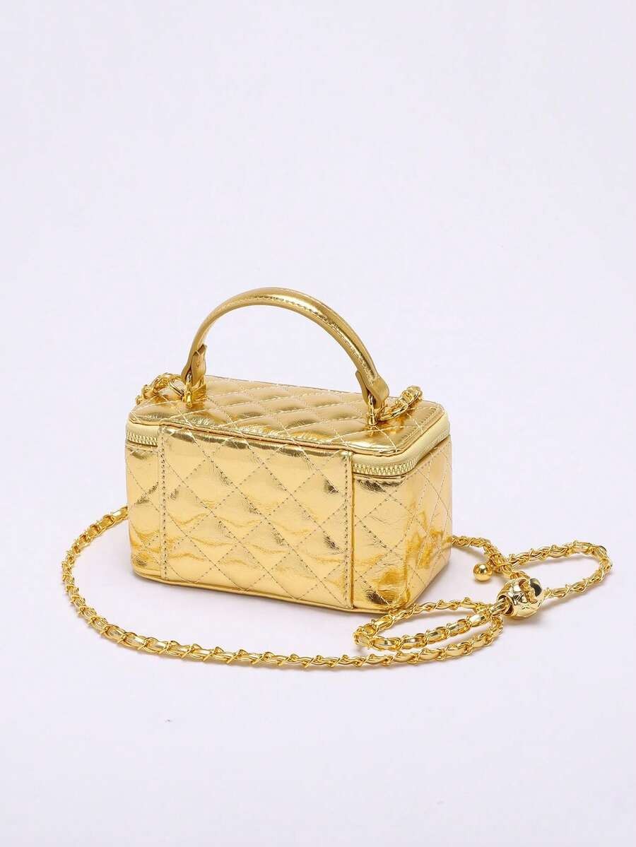 Fashionable Quilted Box Bag Plain Mini Crossbody Chain Strap Zipper Purse