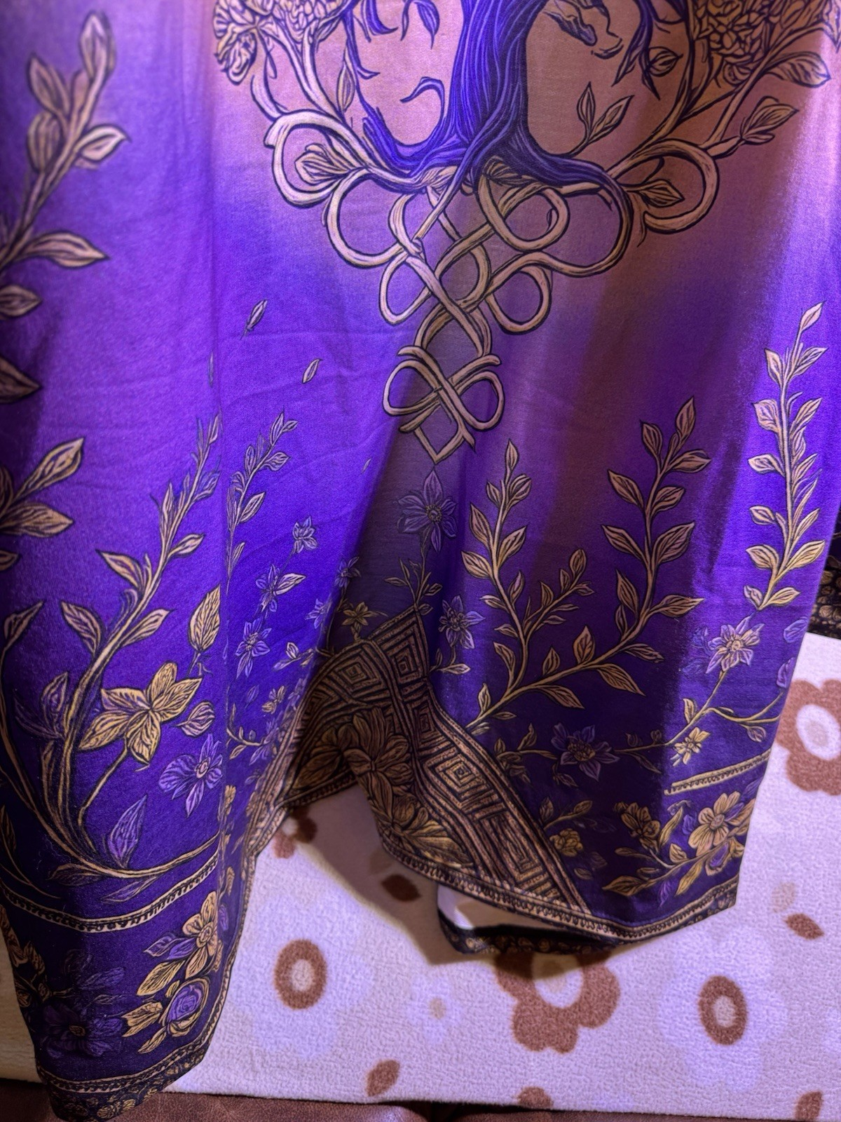 Women’s L Satin Polyester Hooded Floral Kimono Robe Purple/Beige Long Sleeve