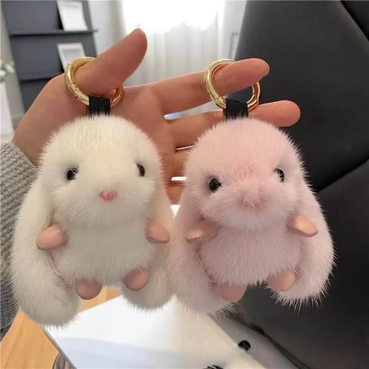 1Pc Cute Fluffy Rabbit Keychain Ring Plush Pompon Bunny Bag Pendant for Couple C