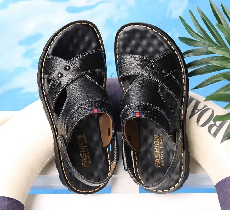 Summer Men Leather Sandals Genuine Leather Non-slip Men Shoes Slippers