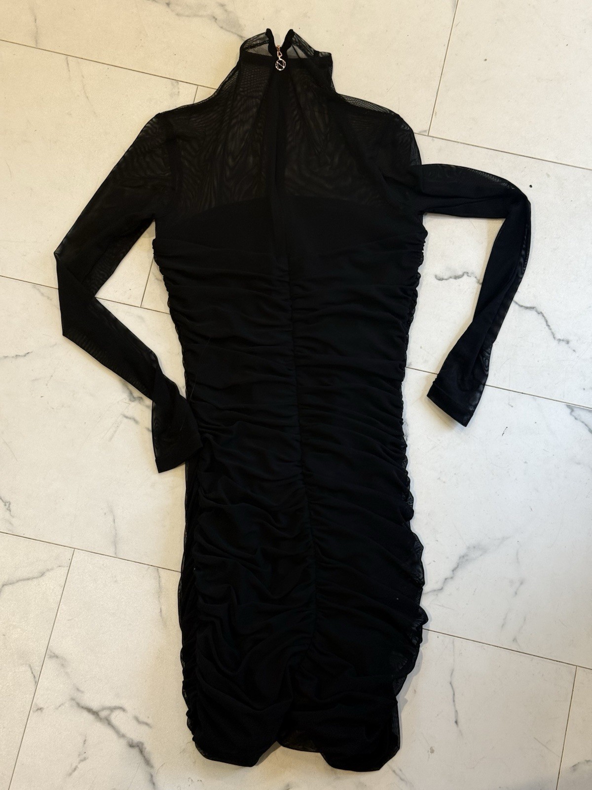Nookie Poison Black Mesh Mock Neck Ruched Sheer Stretch Mini Dress Size M
