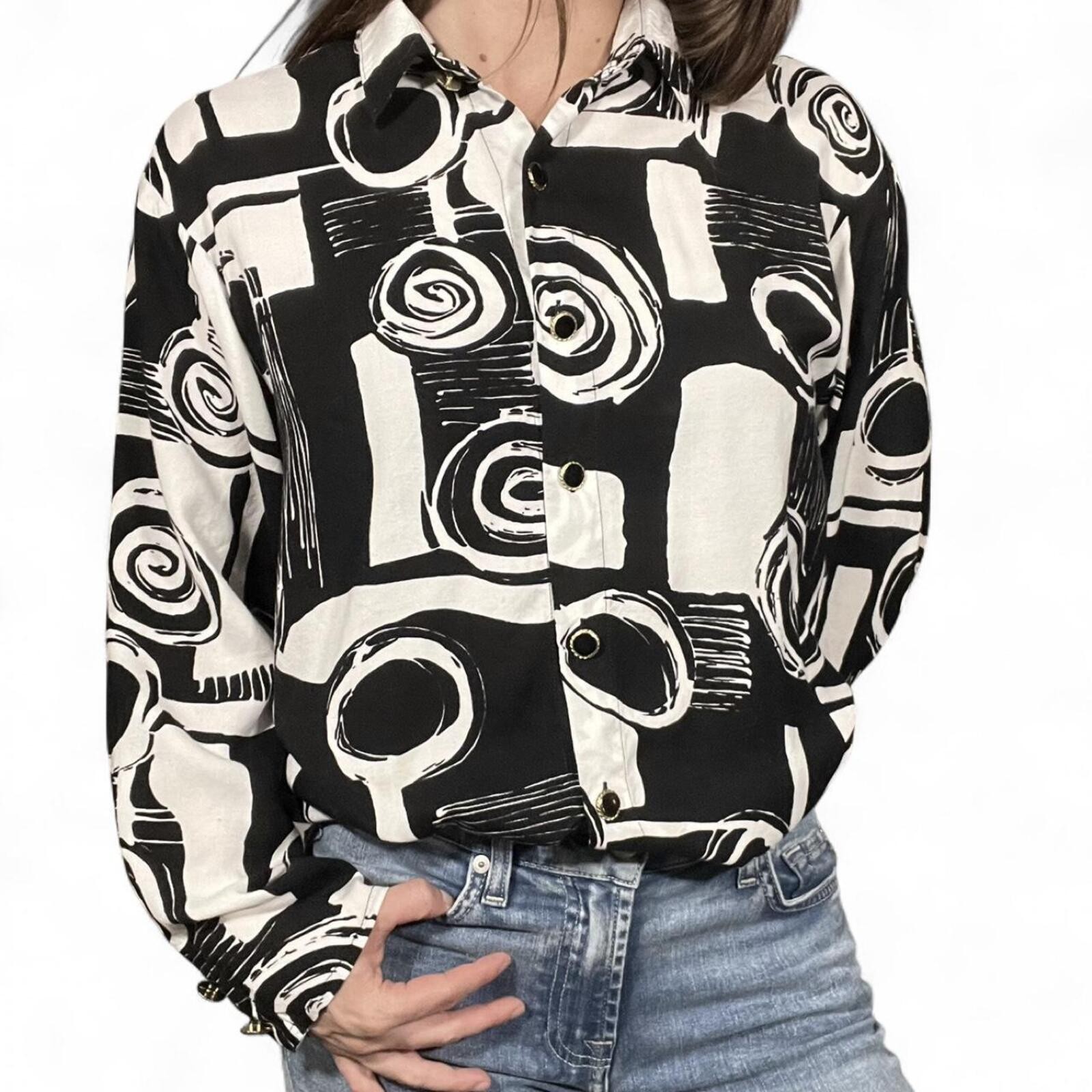 Laura Testoni Black and White Abstract Geometric Button-Up Blouse