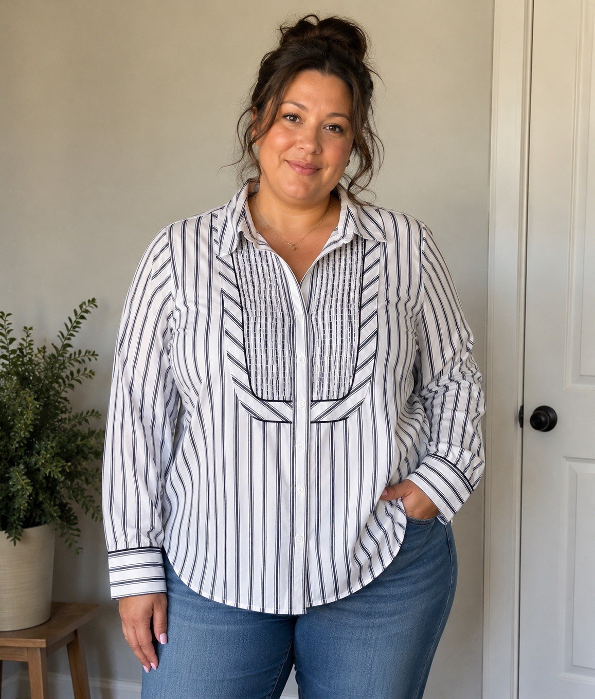 Lane Bryant White Blue Striped Collared Button-Up Long Sleeve Stretch 14/16