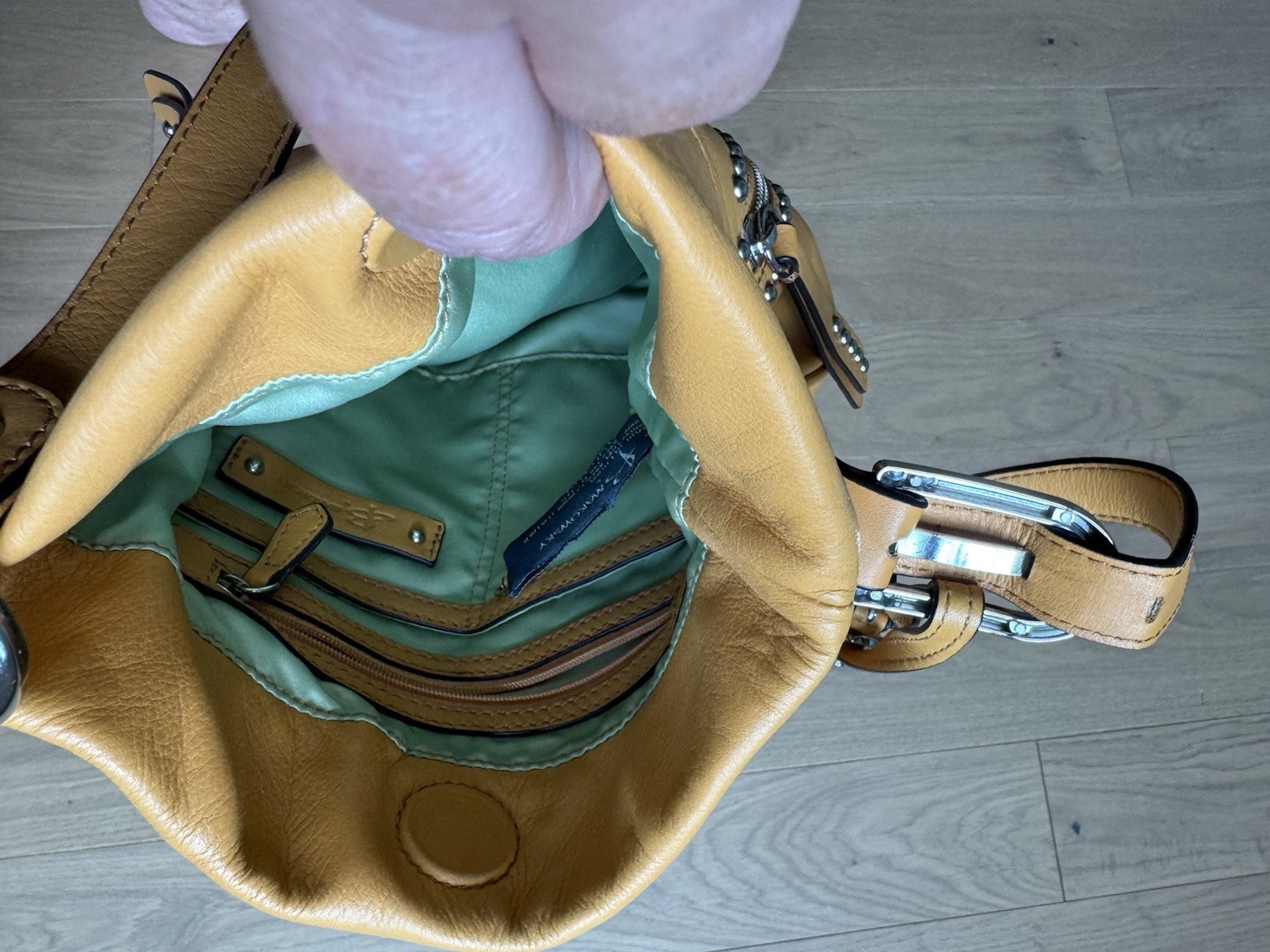 B Makowsky Leather Medium Gold Studded Crossbody Bag