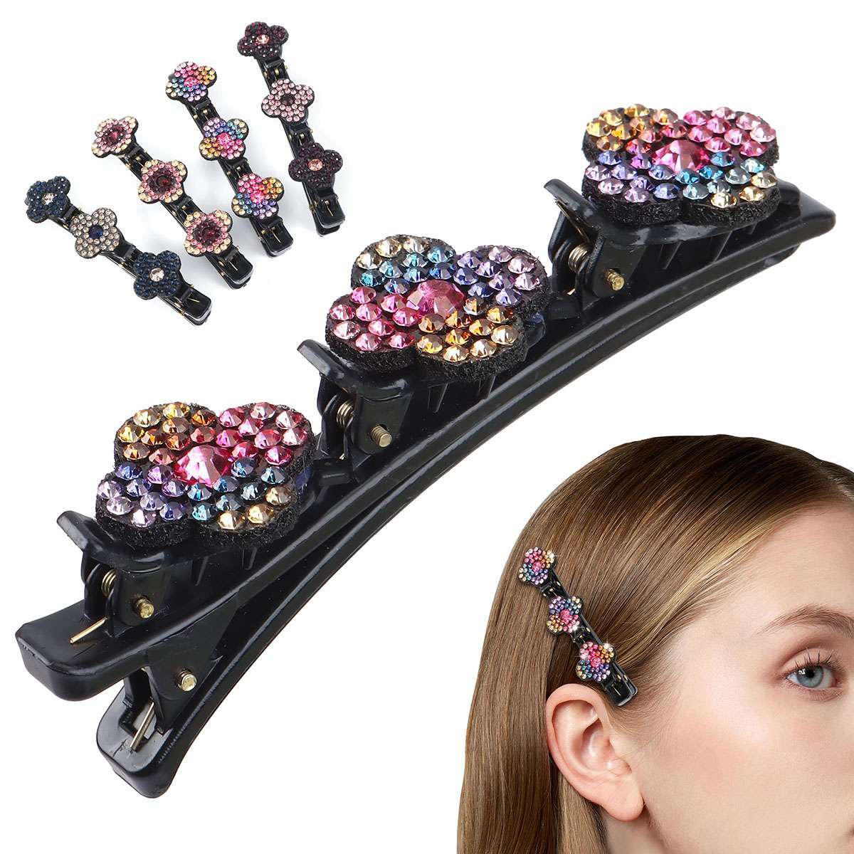4PCS Sparkling Crystal Stone Double Bangs Satin Fabric Braided Hair Clips Bands