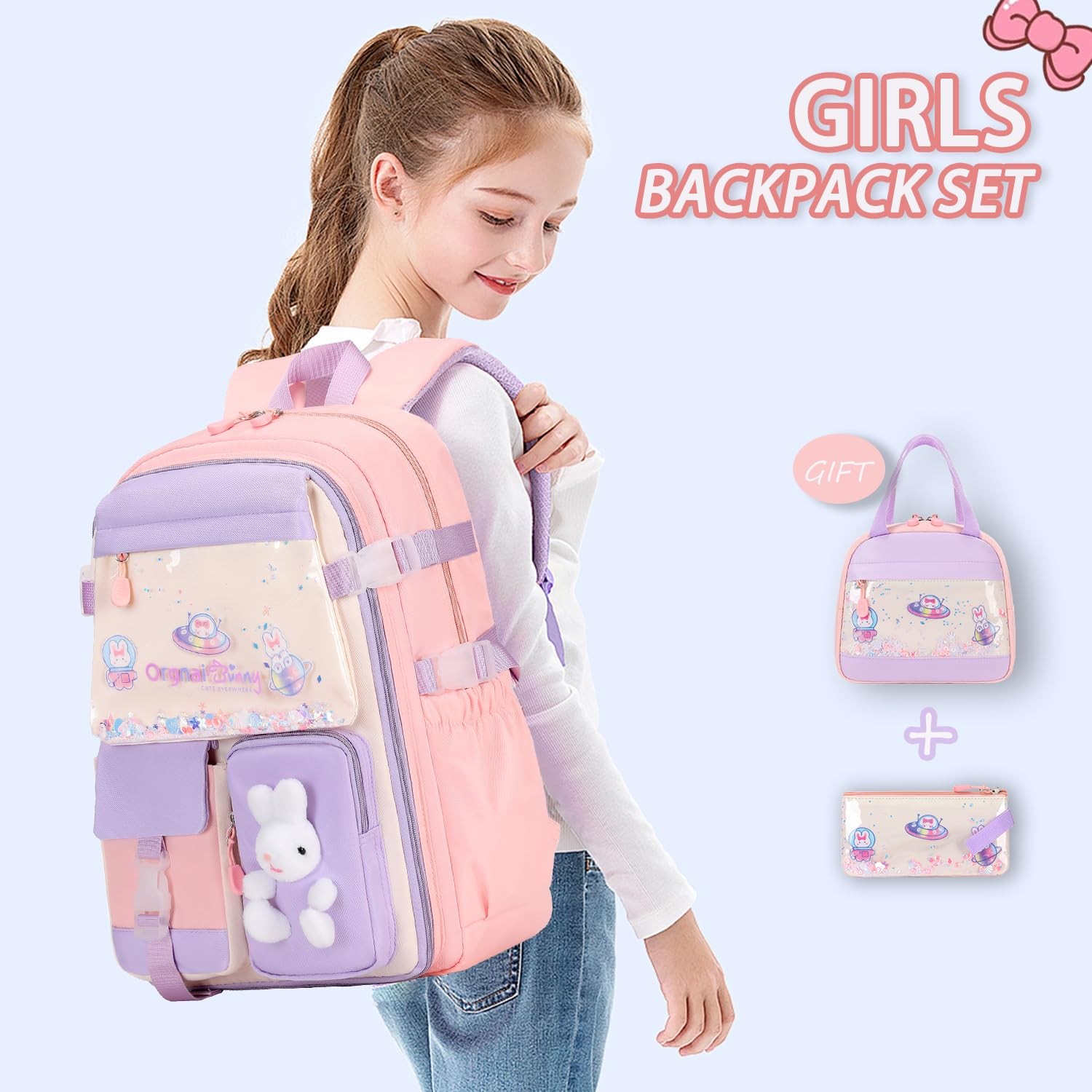 Kawaii Cute Bunny Backpack Set with Lunch Box & Pencil Case for Girls School