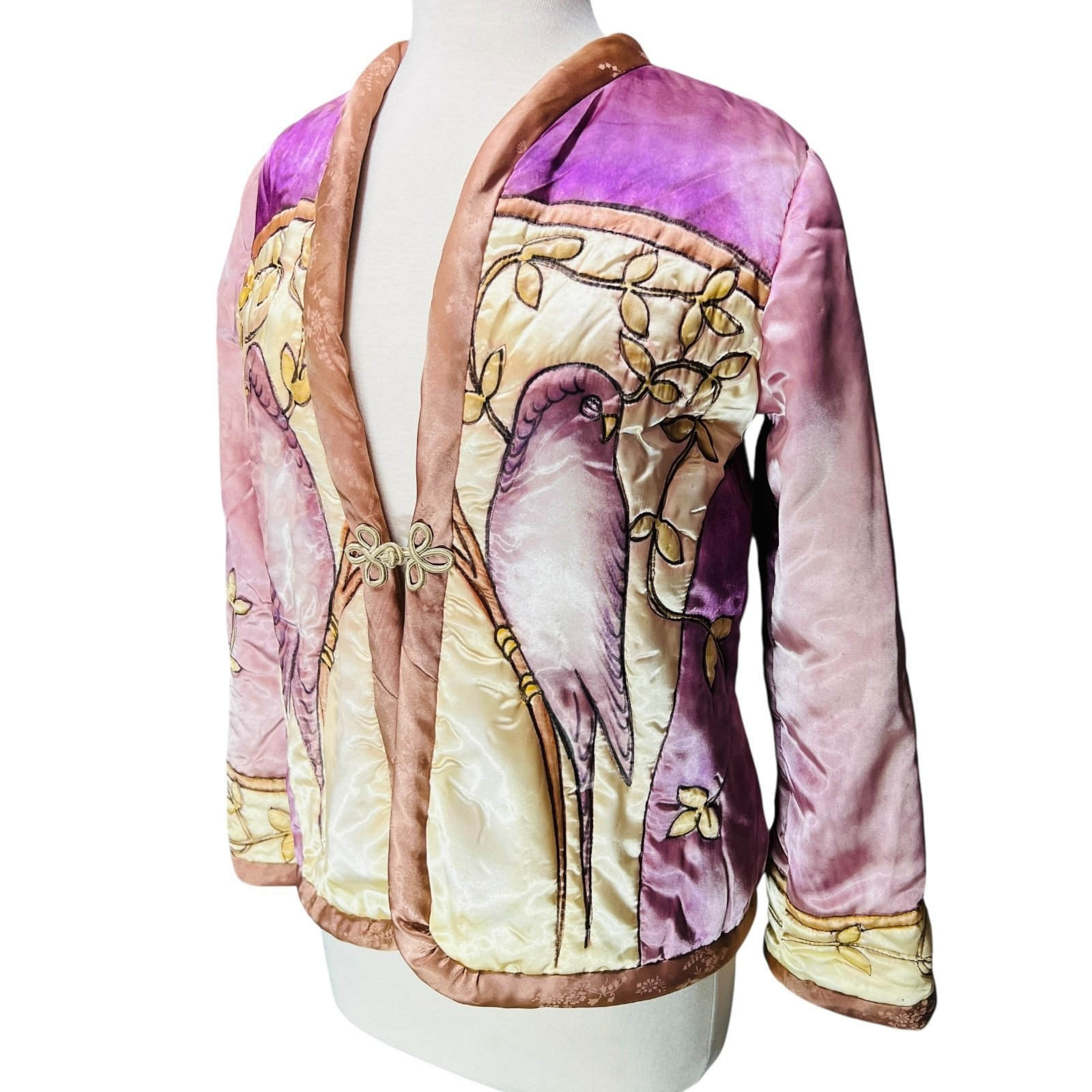 VTG Valery Guignon Hand Painted Silk Quilt Jacket Sz M Wearable Art Birds Signed